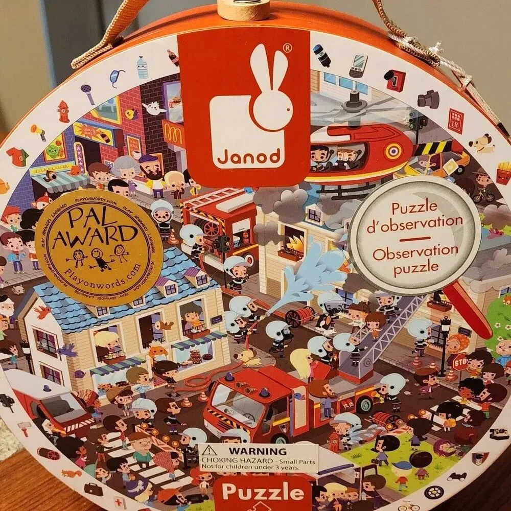 Janod FIREMEN Observation Jigsaw Puzzle PAL Award 208 pc Latching Box Complete